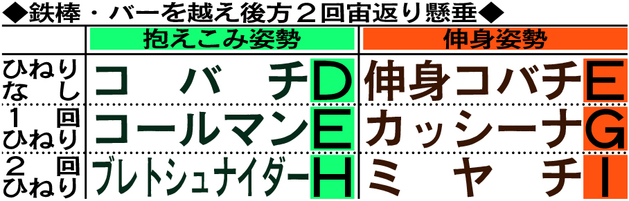 鉄棒・バーを越え後方2回宙返り懸垂