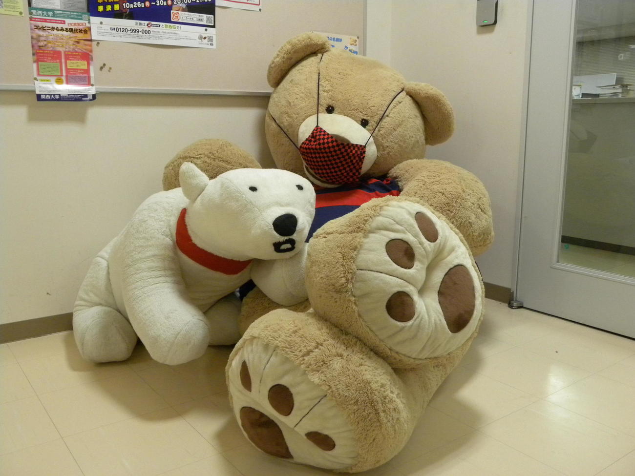 常翔学園の職員室入り口で部員の健闘を祈るマスコットのミーシャ（右）とジョー（撮影・松本航）