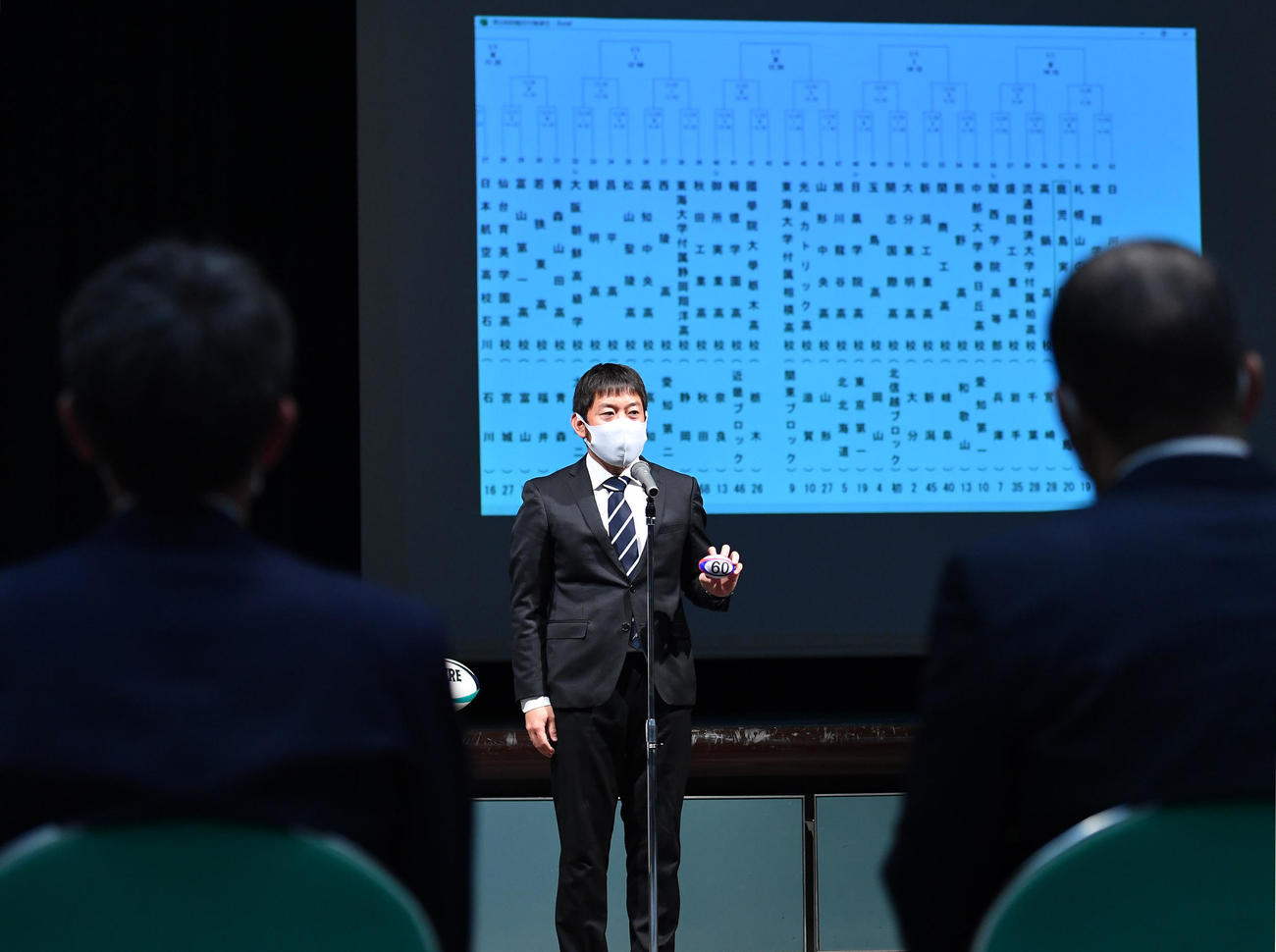 新型コロナウイルスの感染拡大防止対策で代理抽選の形式で行われた第100回全国高校ラグビー大会の組み合わせ抽選会（代表撮影）