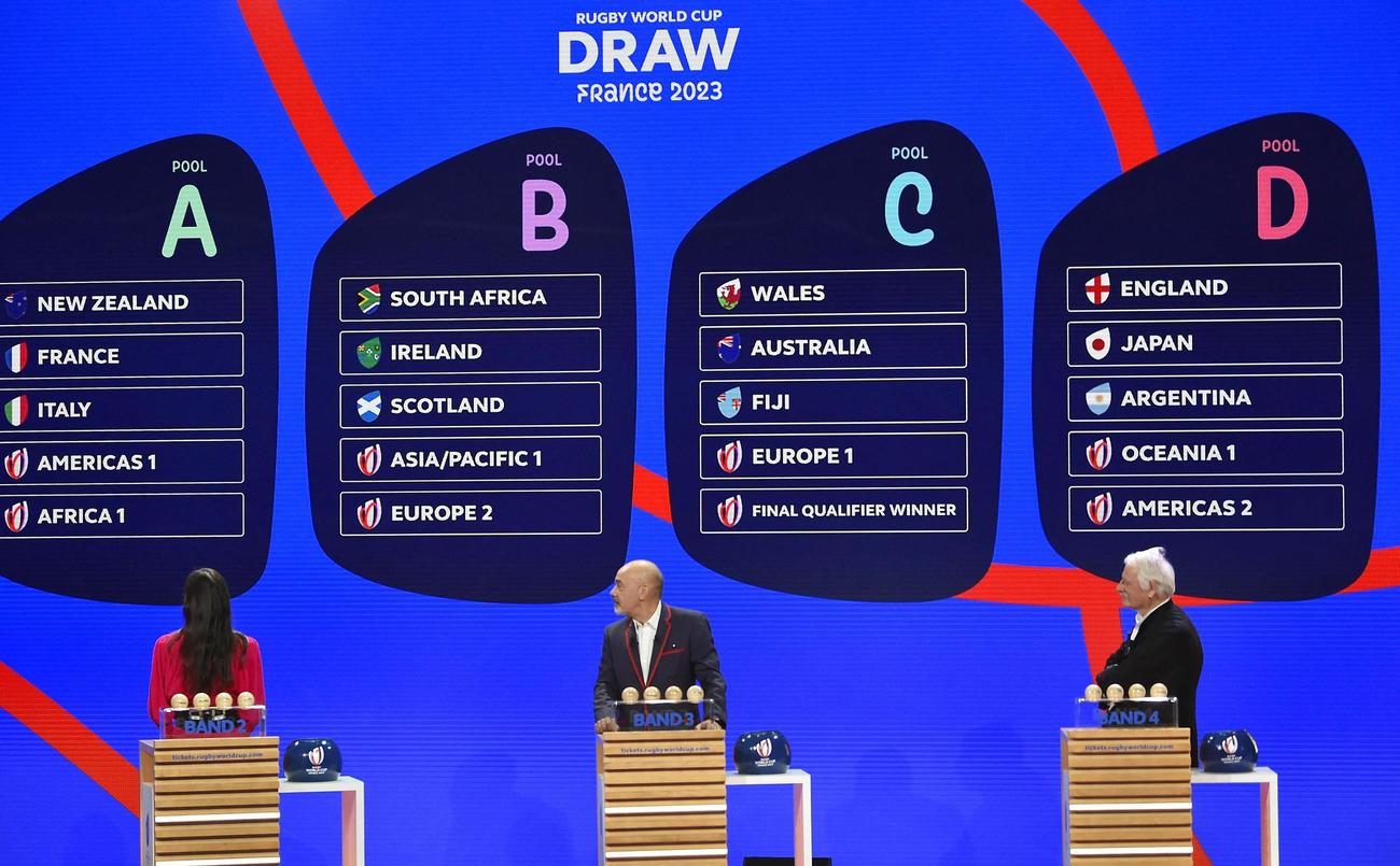 ラグビーW杯フランス大会の1次リーグ組み合わせ抽選会で、日本がD組に入ったことを示すスクリーン（ゲッティ＝共同）
