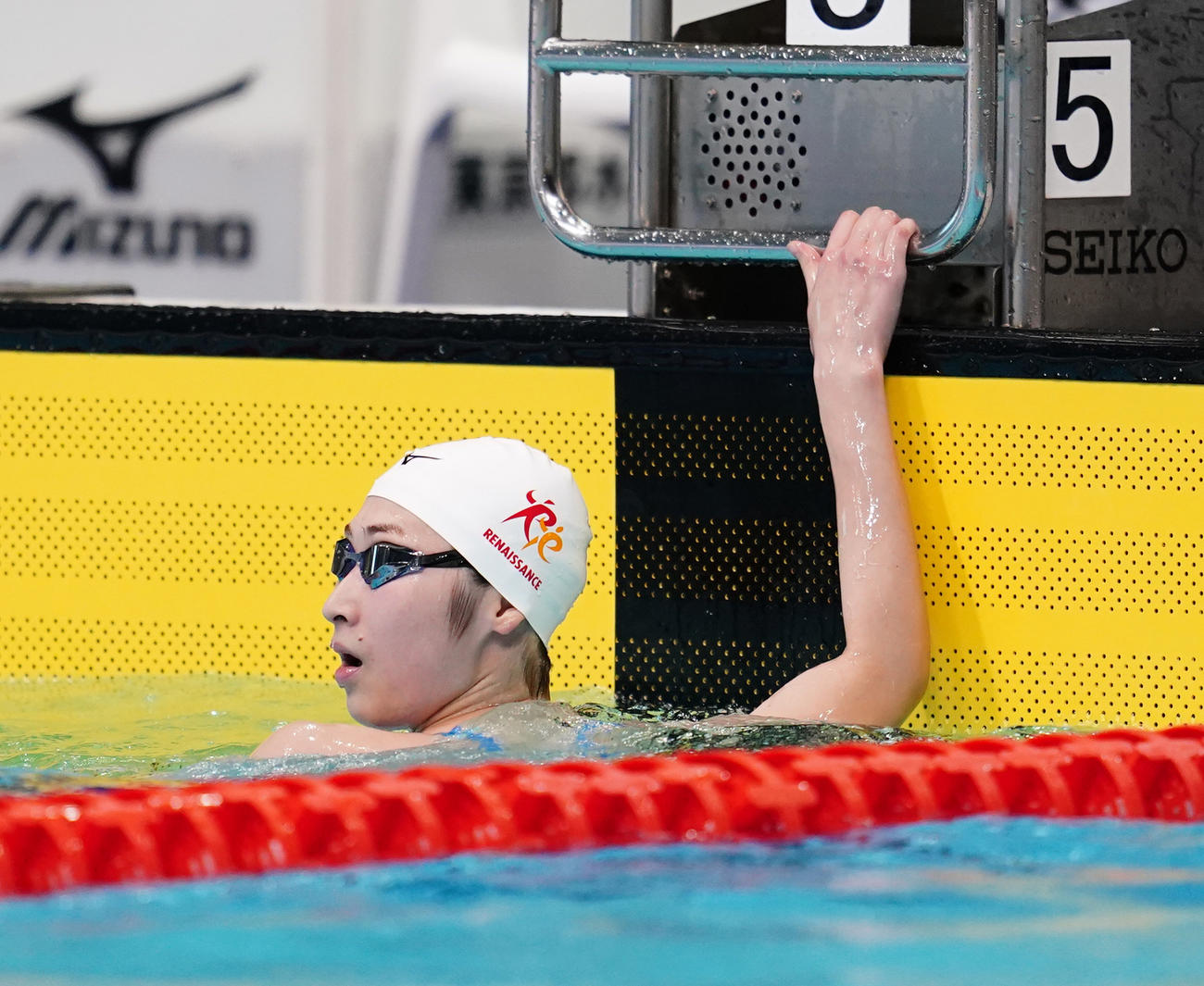 女子100メートル自由形予選、レースを終えタイムを確認する池江（代表撮影）