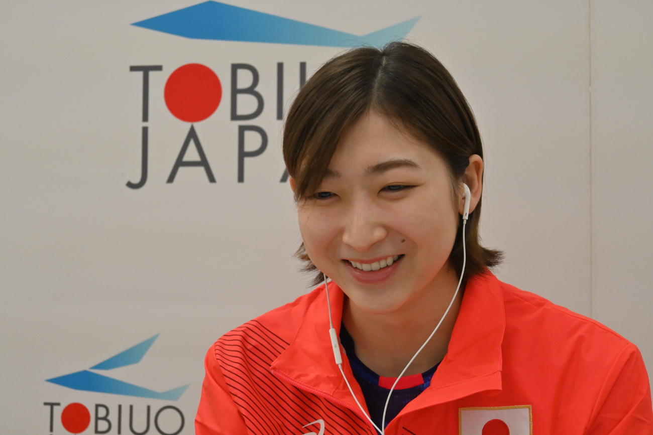 日本代表合宿中にオンラインで取材に応じた池江璃花子（日本水泳連盟提供）