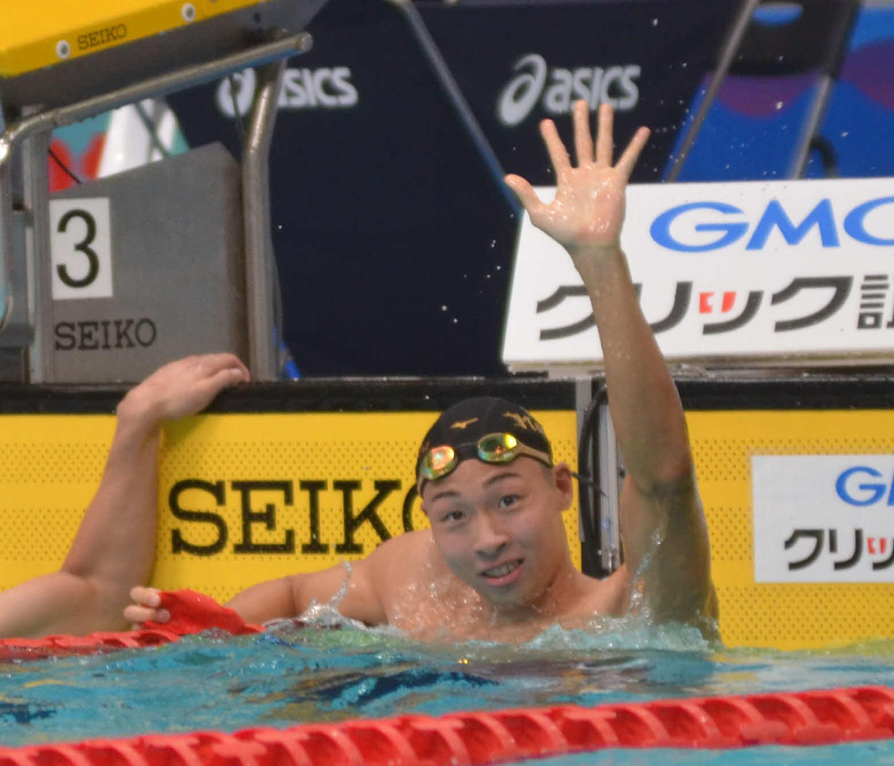 男子50メートル自由形予選で全体1位となった川根正大（撮影・吉池彰）