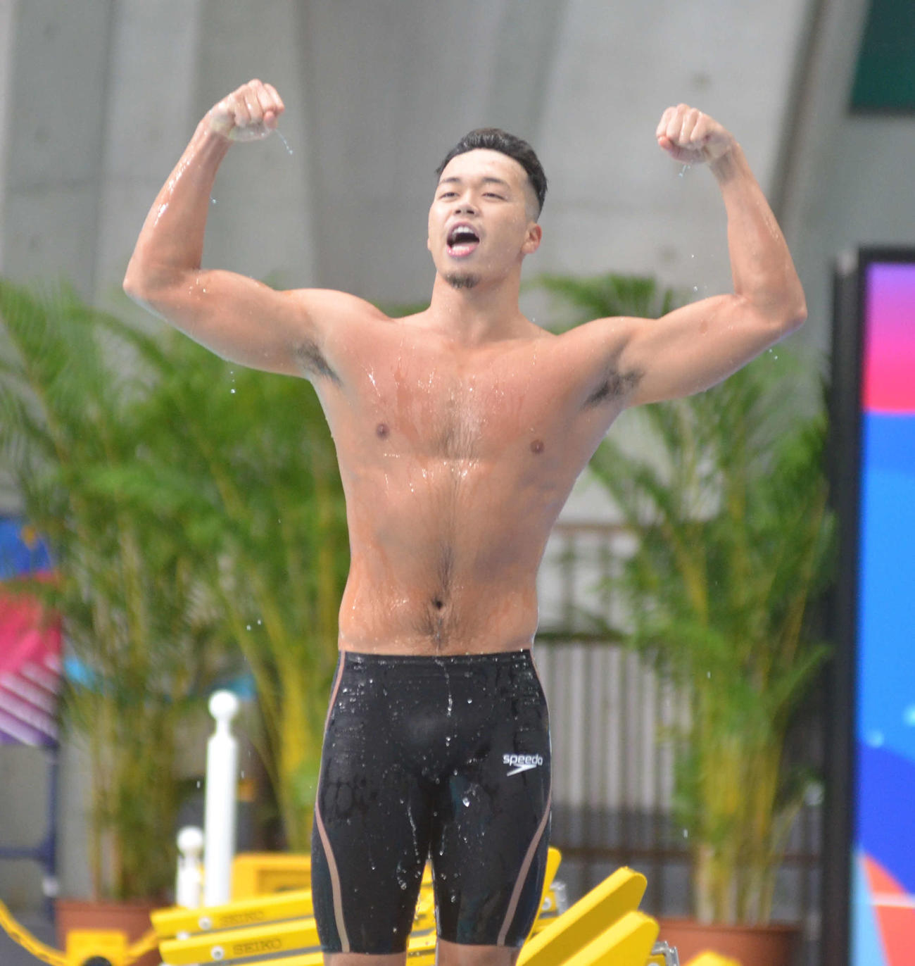 男子200メートル自由形で優勝し、400メートルに続く2冠となった吉田啓祐（撮影・吉池彰）