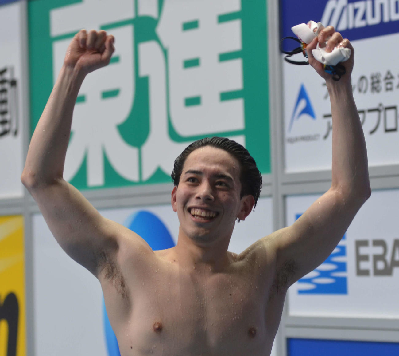 男子1500メートル自由形で初優勝した尾崎健太（撮影・吉池彰）