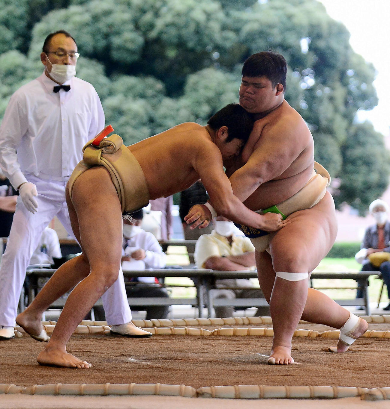 立ち会いで激しくぶつかり合う飛龍・桑原（右）