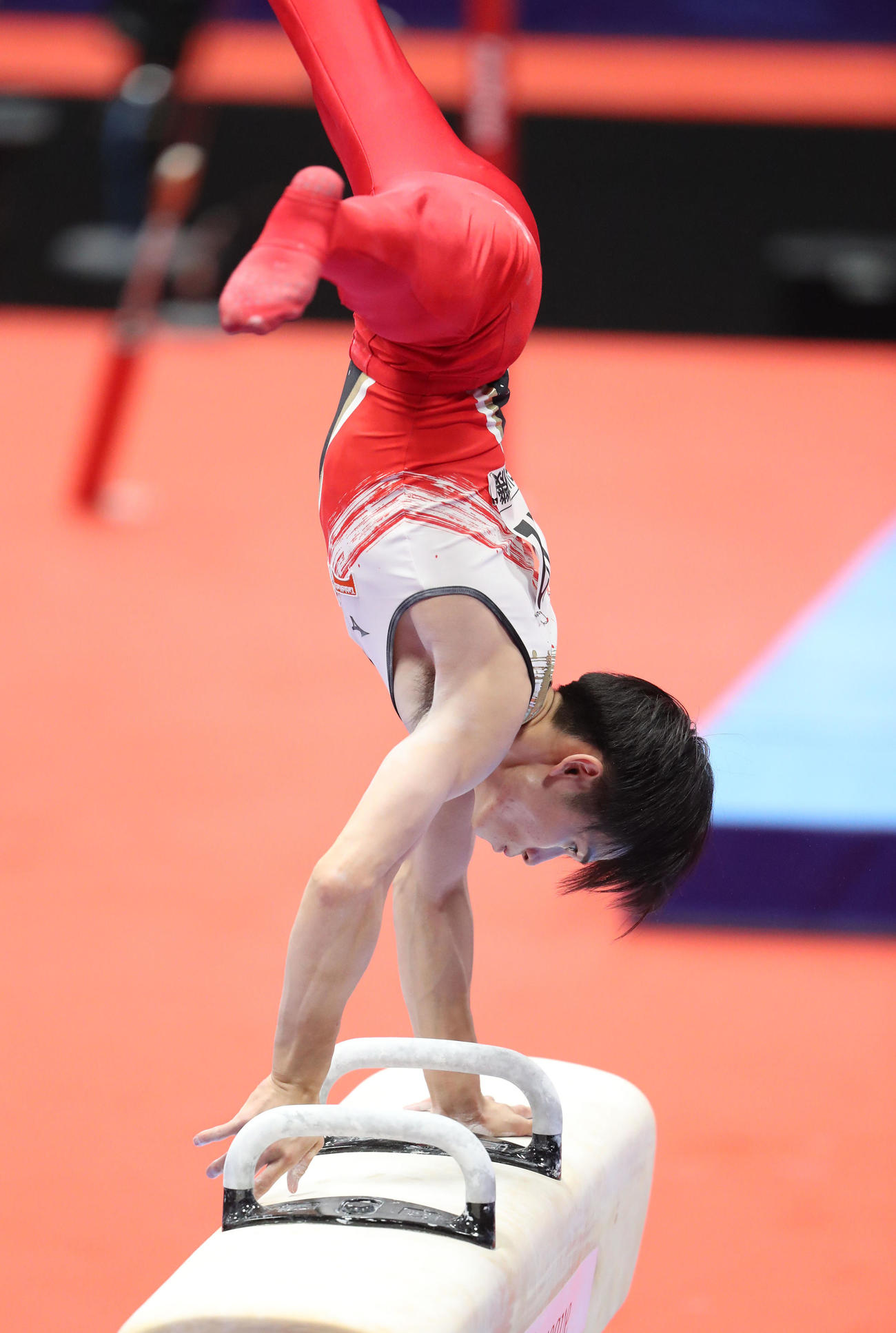 種目別決勝　あん馬の演技をする萱和磨（撮影・梅根麻紀）