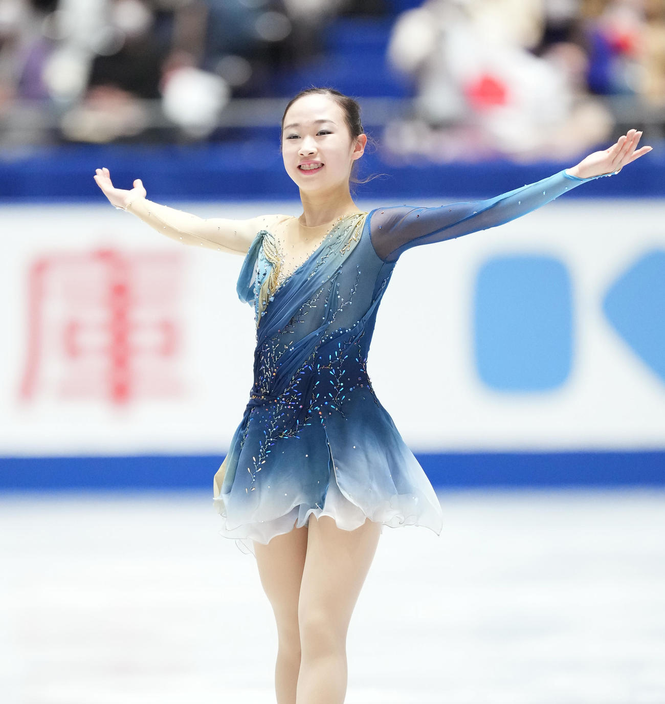 NHK杯女子フリーの演技を終え、笑顔を見せる松生（撮影・菅敏）