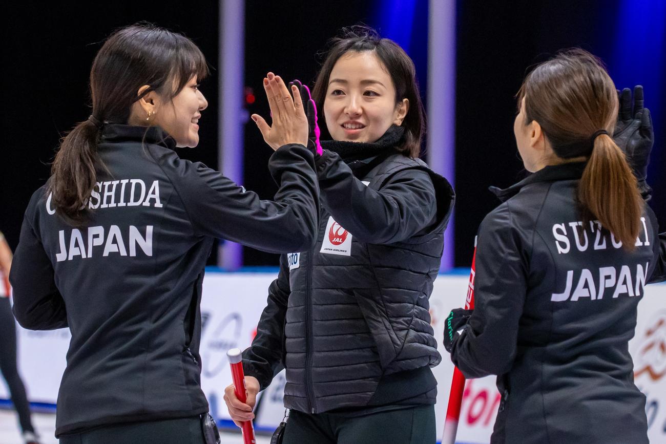ラトビア戦で藤沢は吉田知（左）鈴木（右）とハイタッチを交わす（ｃ） WCF / Steve Seixeiro