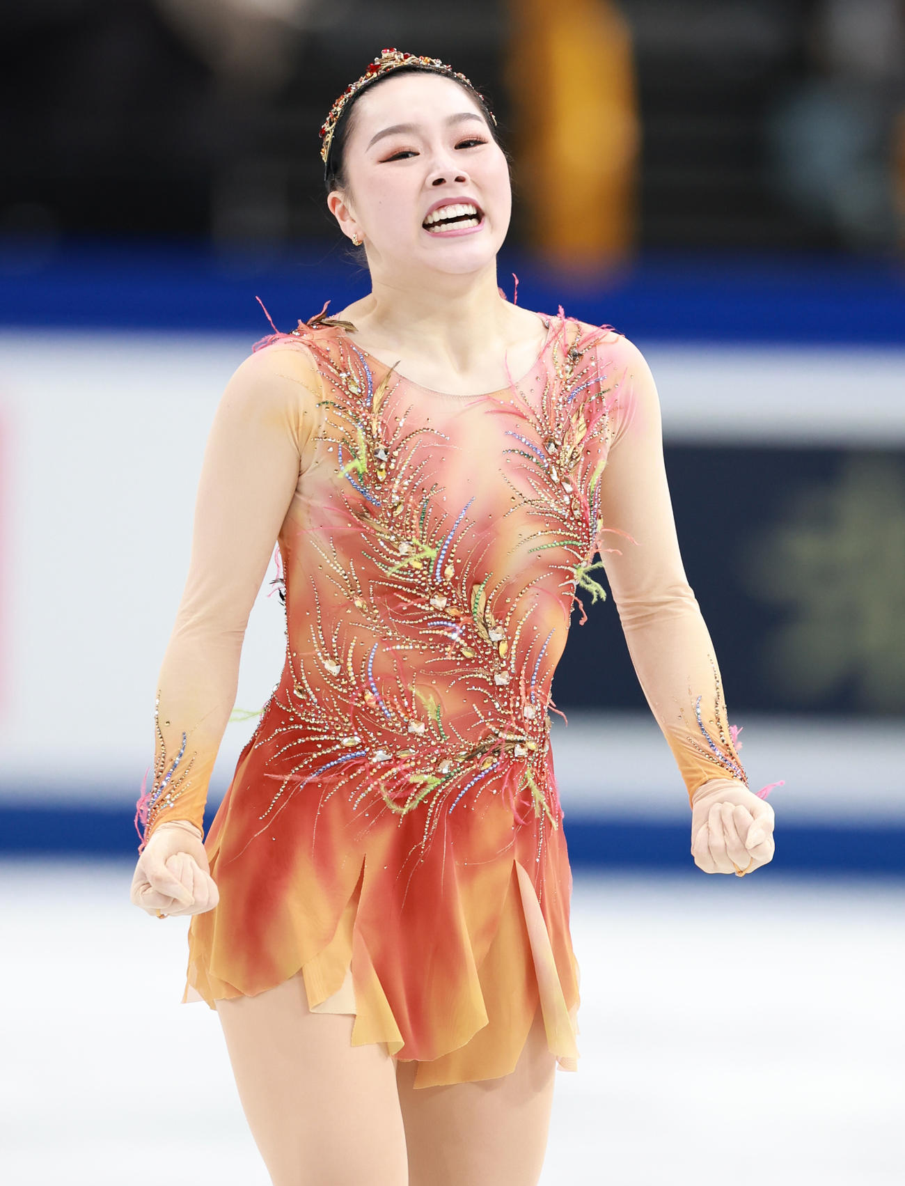 女子フリーの演技を終えガッツポーズする樋口（撮影・垰建太）