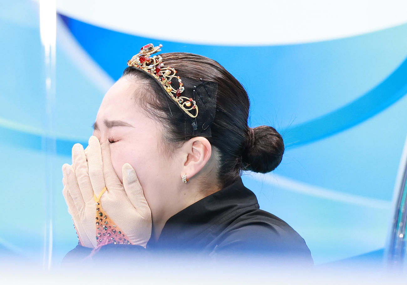 女子フリーの演技を終え得点を聞いて号泣する樋口（撮影・垰建太）