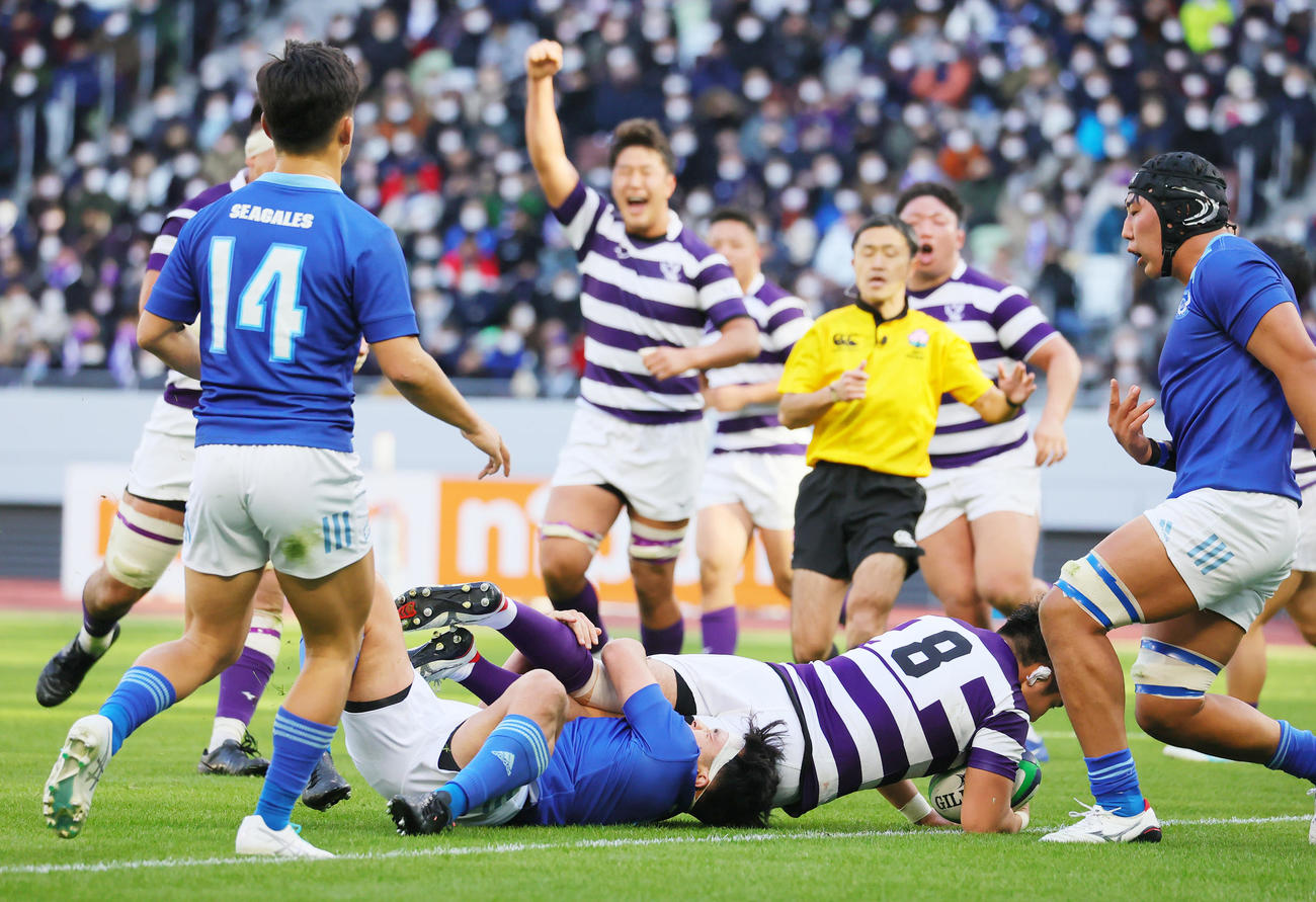 東海大対明大　前半、トライを決める明大NO8大石康太（撮影・野上伸悟）