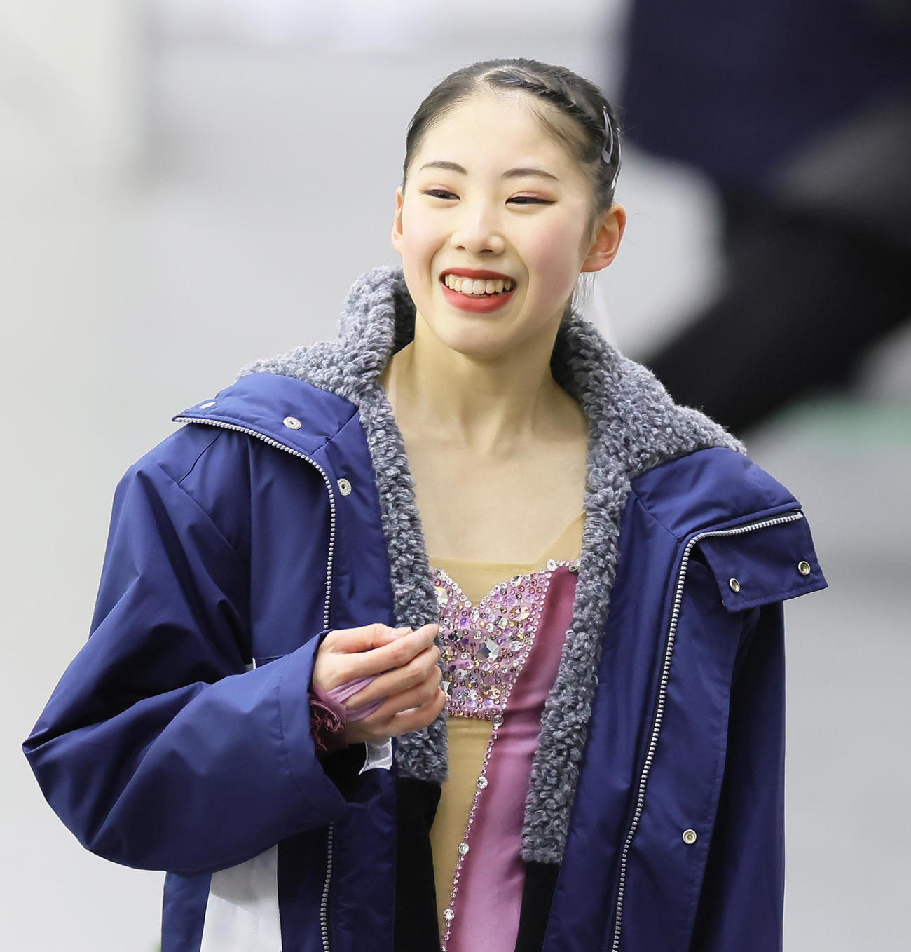 少年女子SPの演技を終え、笑顔の住吉（撮影・足立雅史）