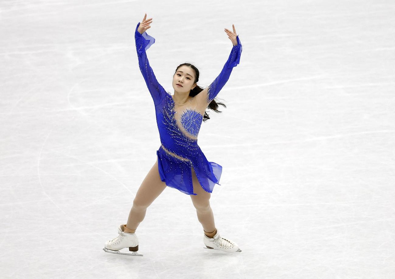 フィギュアスケート世界選手権女子フリー　演技する河辺愛菜（ロイター）