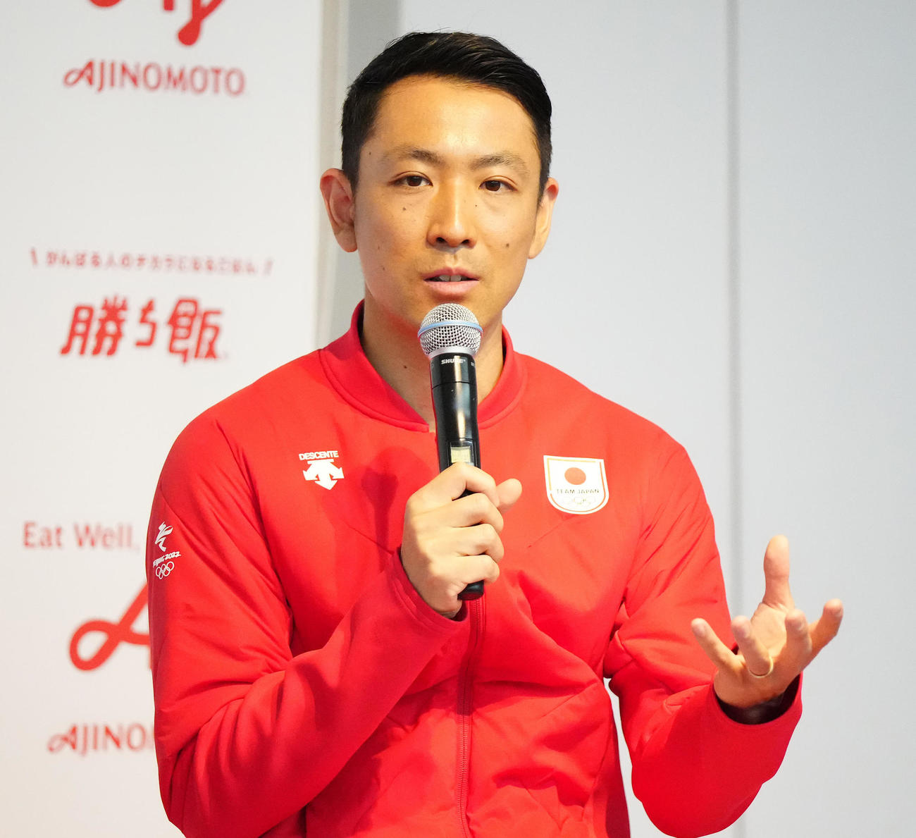 味の素の活動報告会に出席した北京五輪銅メダリストの渡部暁（撮影・江口和貴）