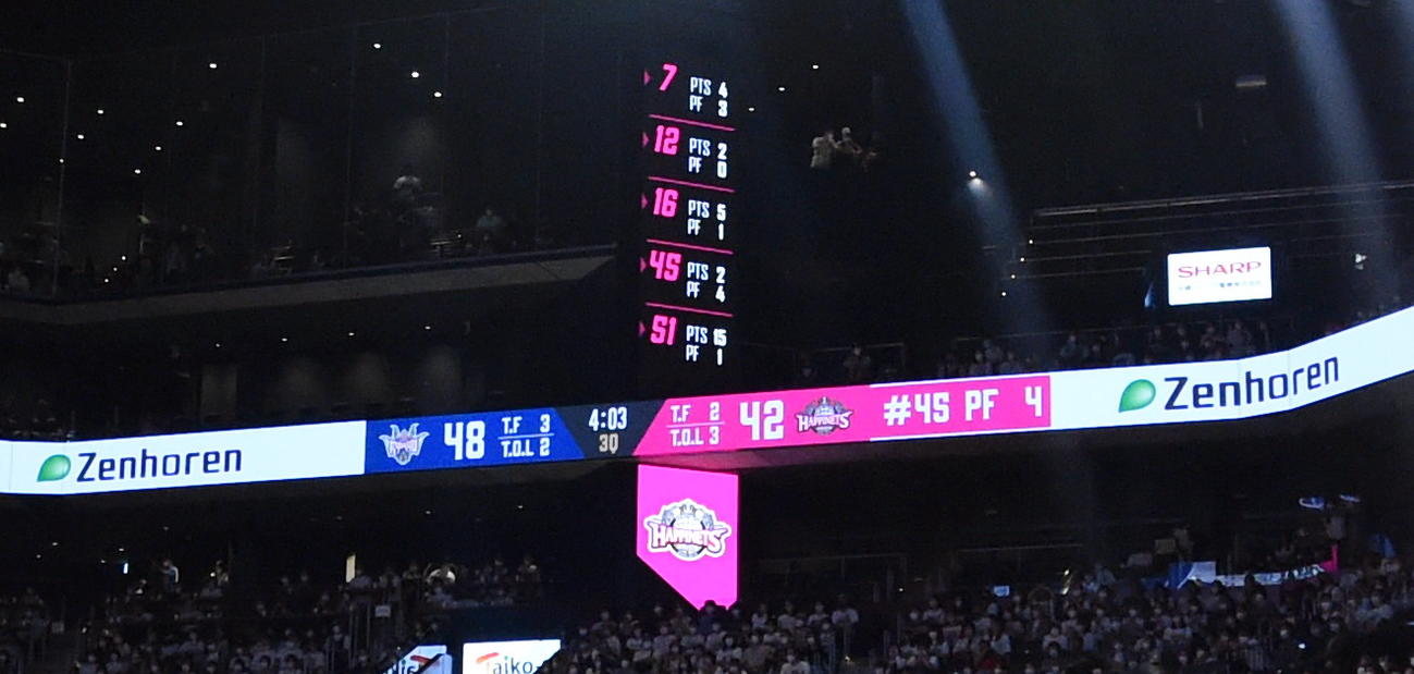 2階席と3階席の間にある横長のリボンビジョンにはスコアやスポンサー名、縦長のビジョンにはコートに立っている選手の得点数、ファウル数が表示されている
