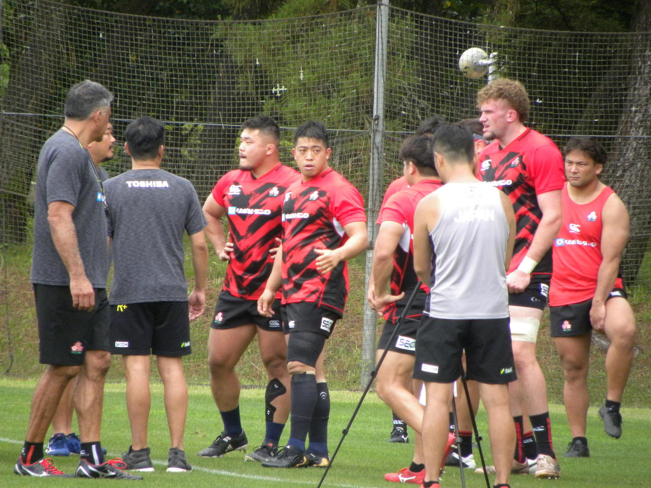 日本代表宮崎合宿でスクラム練習に励むフッカー坂手（左から5人目）（撮影・松本航）