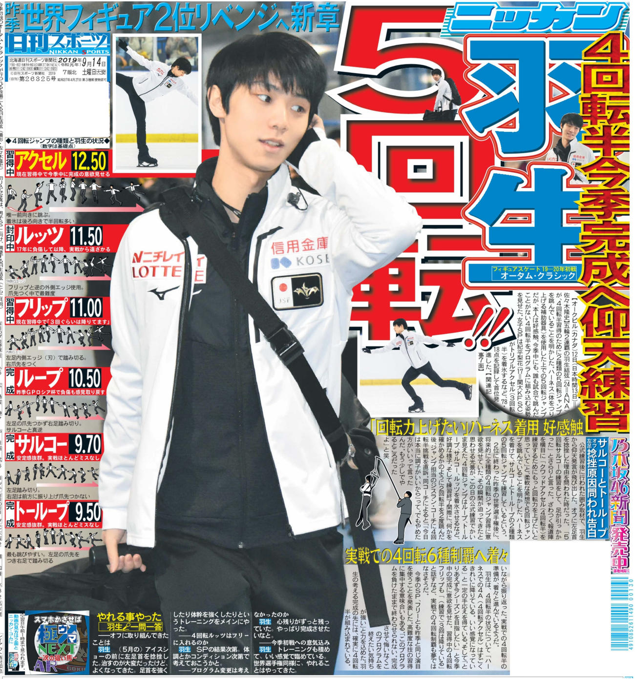 2019年9月14日付の日刊スポーツ1面