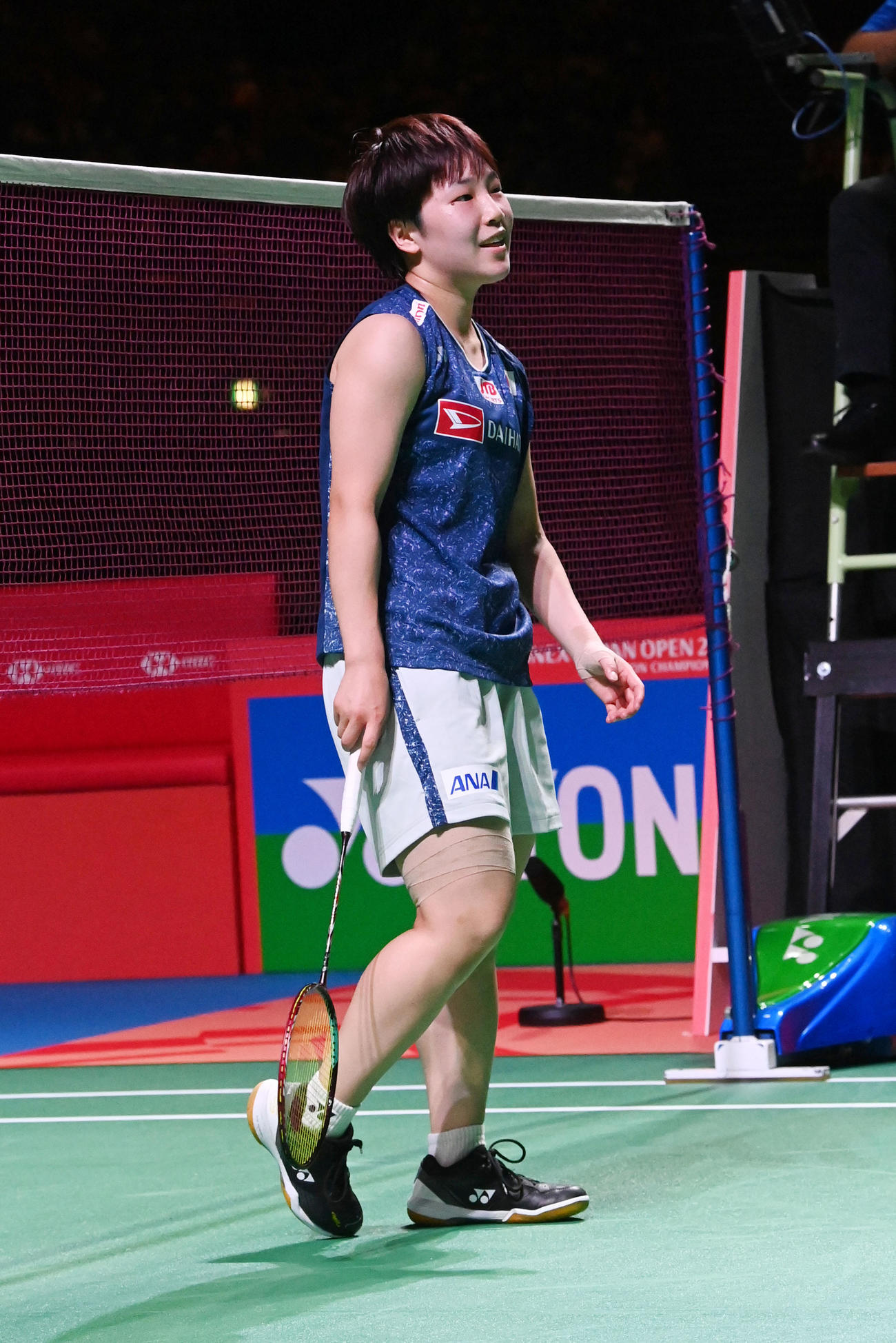 女子シングルス決勝、アン・セヨンを破り優勝を決め笑顔を見せる山口（撮影・前岡正明）