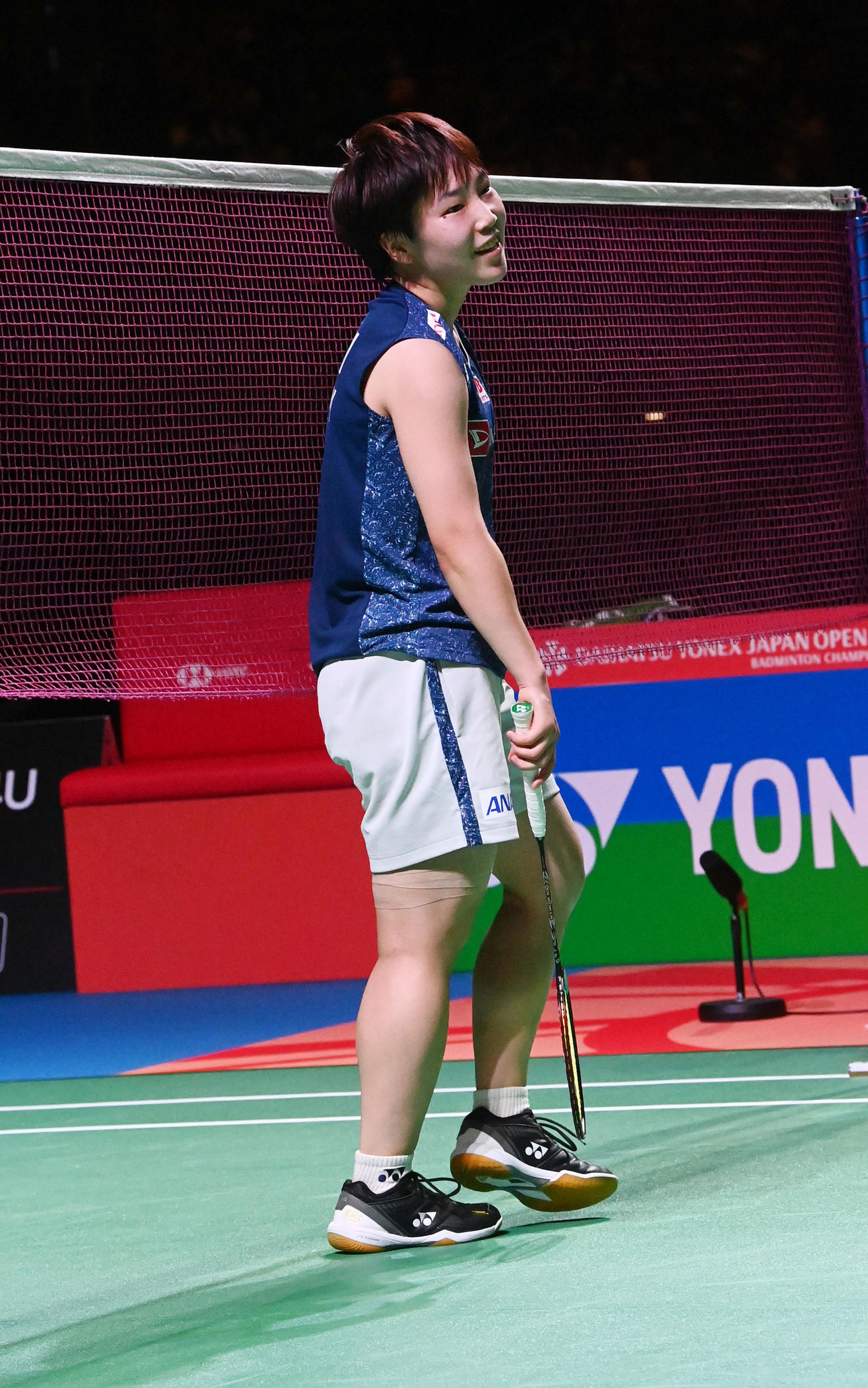 女子シングルス決勝、アン・セヨンを破り優勝を決め笑顔を見せる山口（撮影・前岡正明）