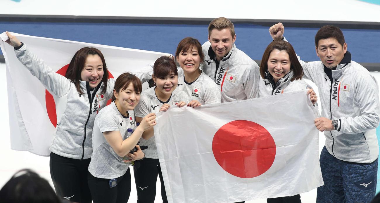 ジェームス・リンドコーチ（右から3人目）らカーリングの日本チーム（2018年2月24日撮影）