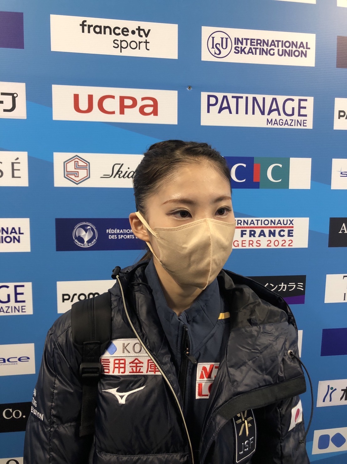 GP第3戦フランス杯女子フリーを終えて思いを語る住吉（撮影・松本愛香）