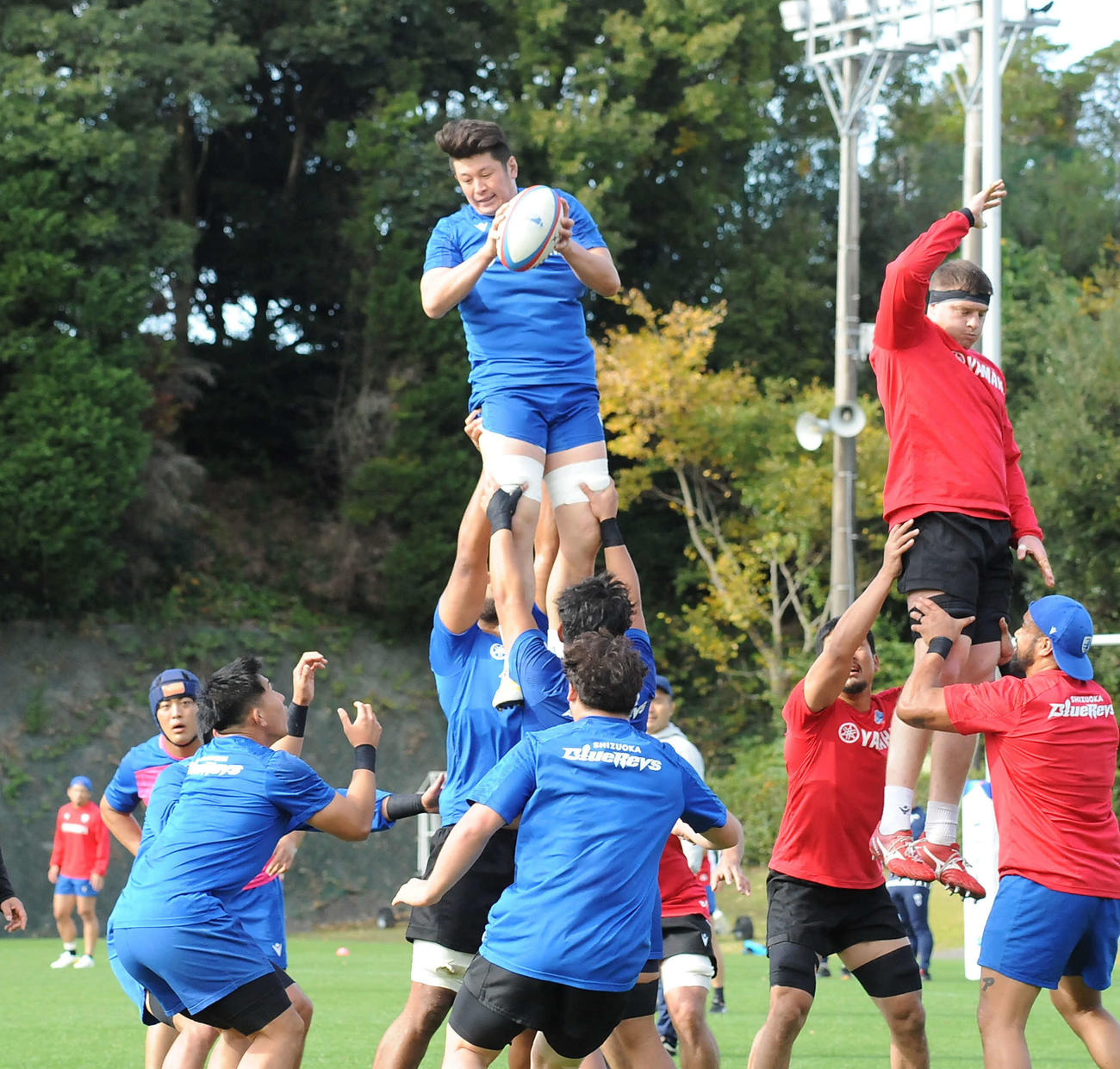 ラインアウトのボールをキャッチする静岡ブルーレヴズの大戸（中央上）