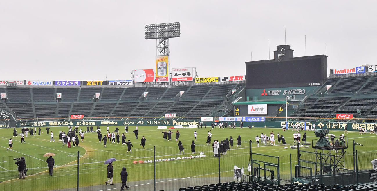 甲子園球場で前日練習する早大の選手ら（撮影・和賀正仁）