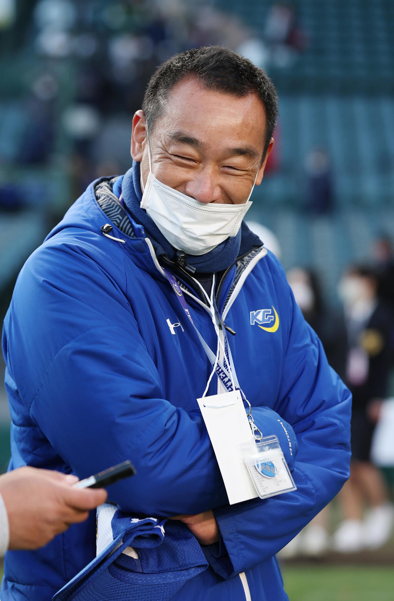 関学大対早大　早大を破り5連覇を達成し、笑顔を見せる関学大・大村監督（撮影・前田充）