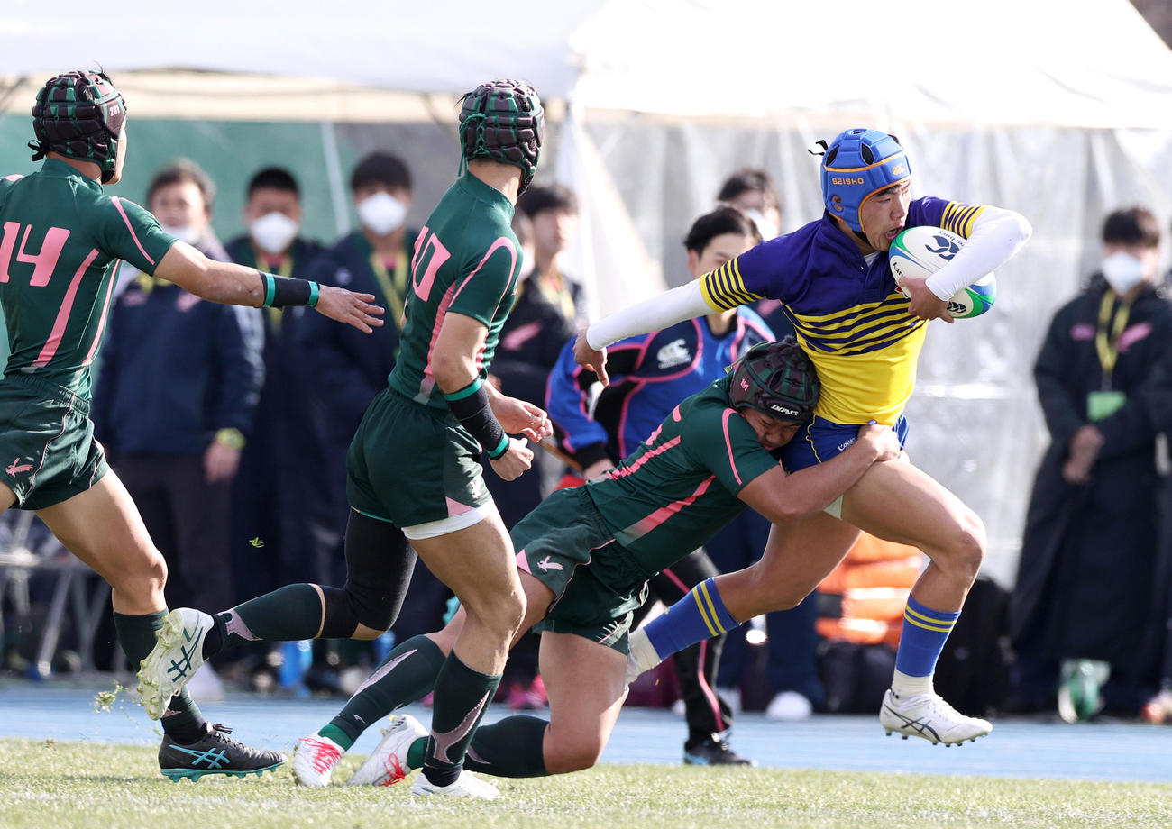 昌平対京都成章　前半、京都成章WTB田中（右）は相手タックルを受けながらも突進する（撮影・上山淳一）