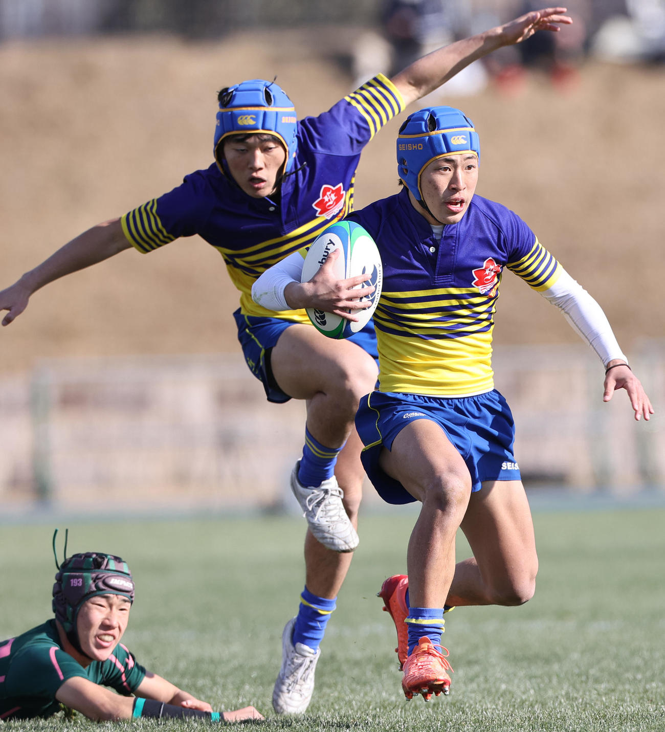 昌平対京都成章　前半、京都成章WTB山村（右）は相手タックルを交わしゴールへ迫る（撮影・上山淳一）