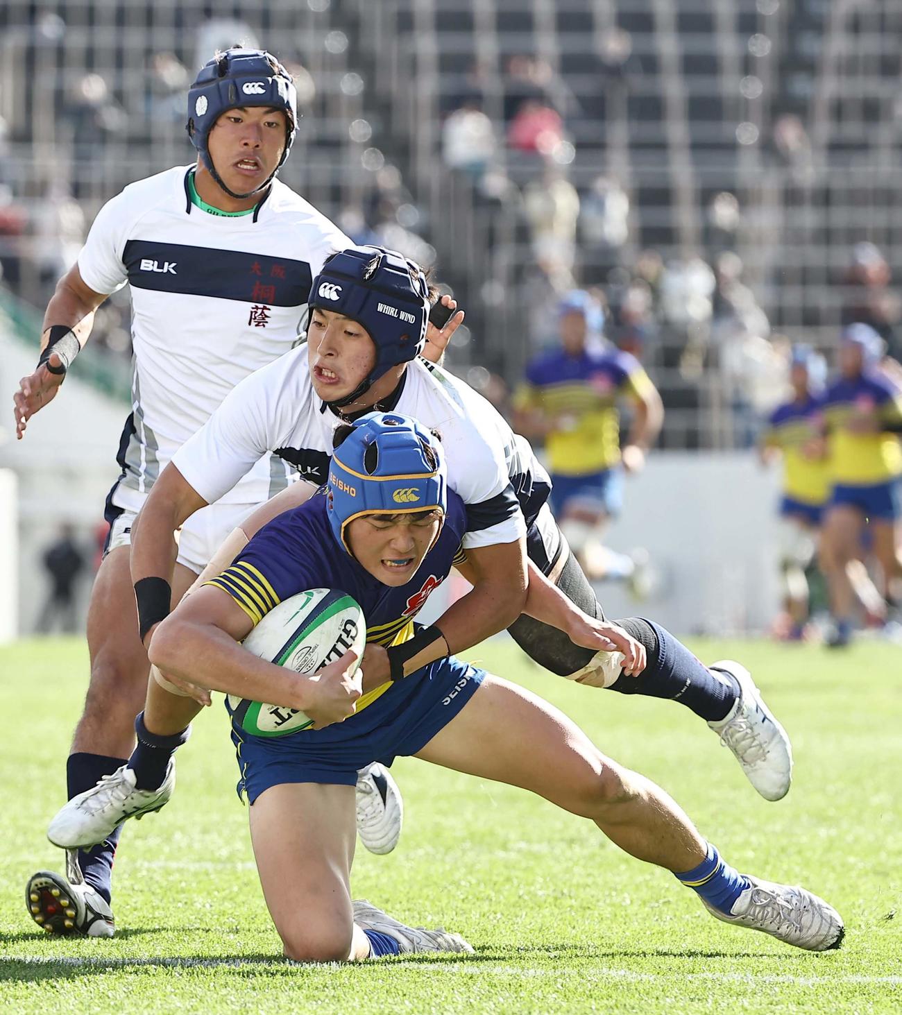 大阪桐蔭対京都成章　前半、同点トライを決める京都成章FB太田（撮影・上田博志）