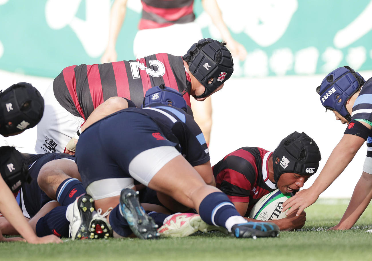 東海大大阪仰星対報徳学園　前半、トライを決める報徳学園NO8石橋（右から2人目）（撮影・前田充）