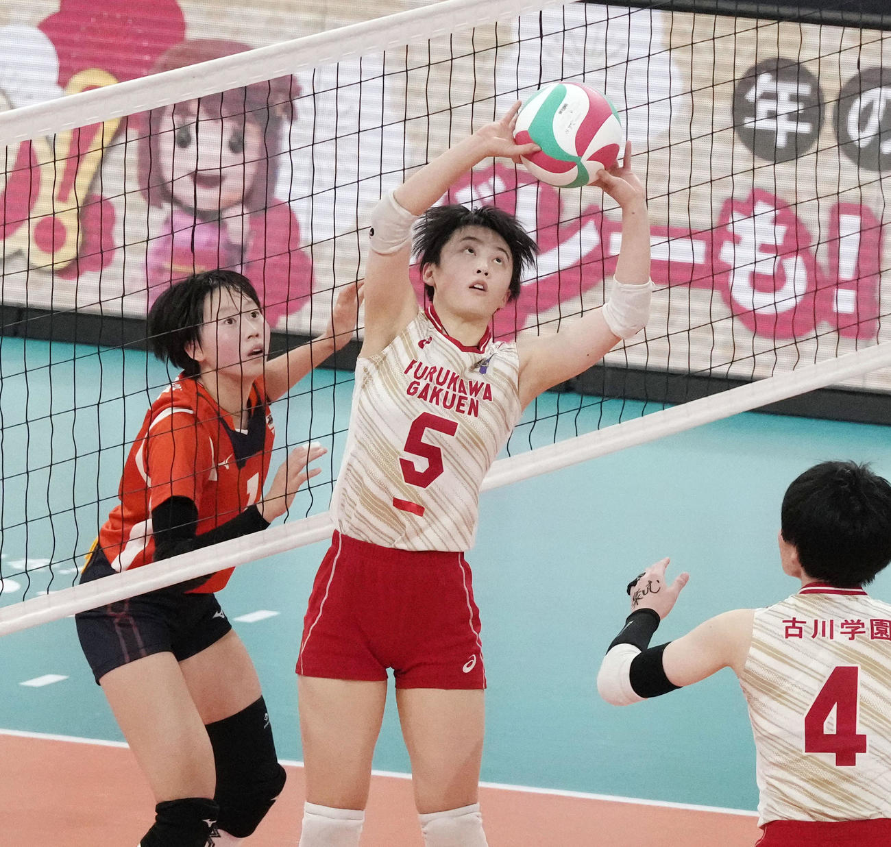 誠英―古川学園　第3セット、トスを上げる古川学園・熊谷（共同）