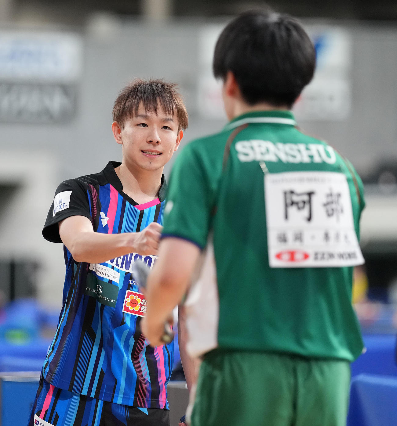男子シングルス4回戦　阿部（右）に勝利し、タッチを交わす丹羽（撮影・鈴木みどり）