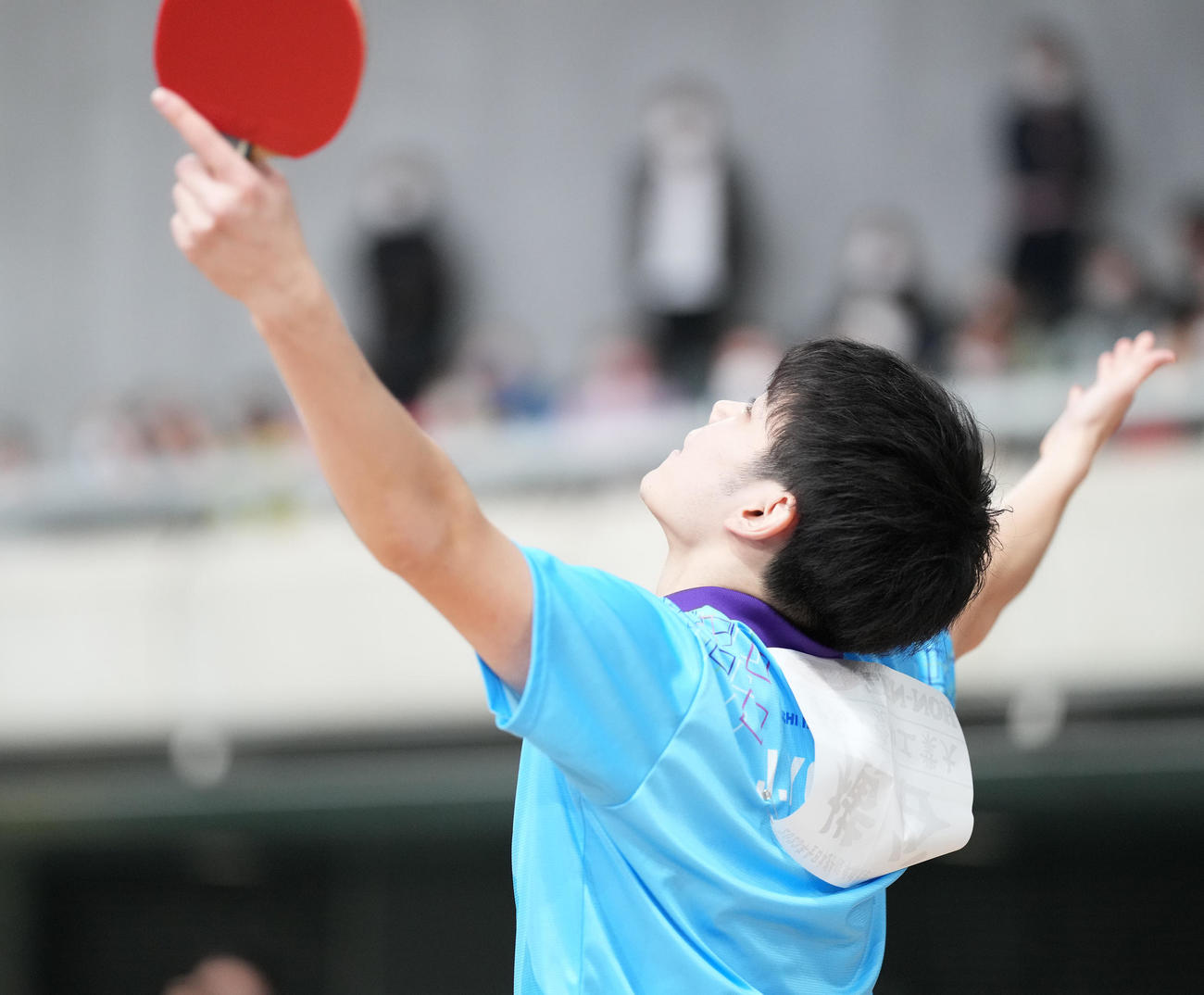 男子シングルス5回戦で丹羽に勝利し両手を広げる横谷（撮影・鈴木みどり）