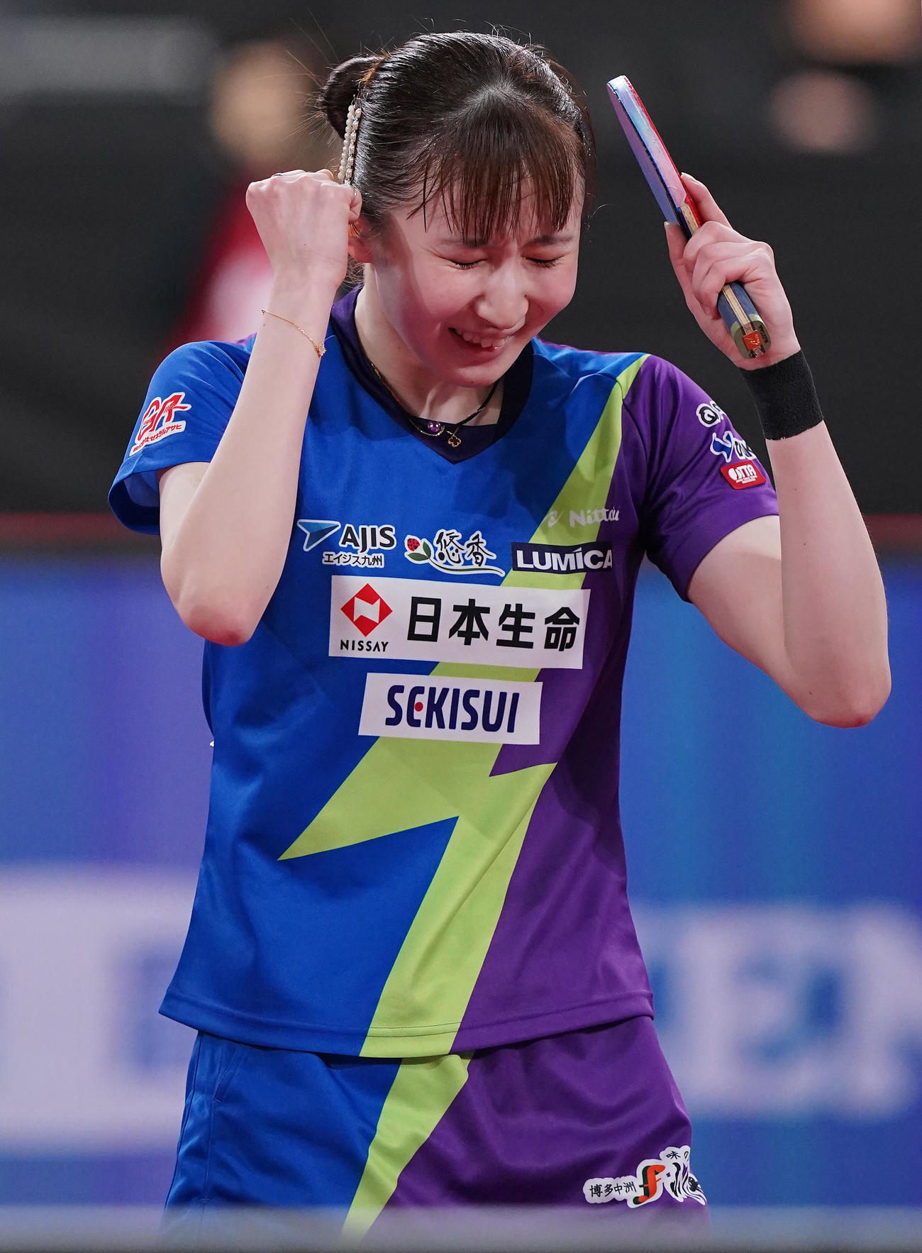 早田ひな対木原美悠　女子シングルスを制した早田ひなは感極まる（撮影・垰建太）