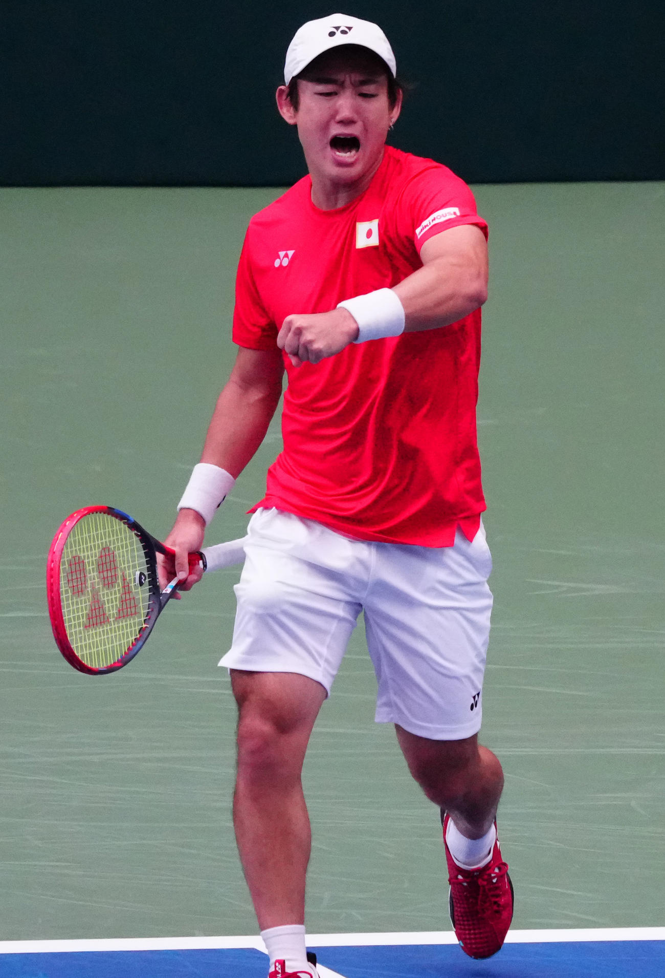 デビスカップ国別対抗戦　日本対ポーランド　西岡良仁対ダニエル・ミハルスキ　勝利し雄叫びをあげる西岡（撮影・清水貴仁）