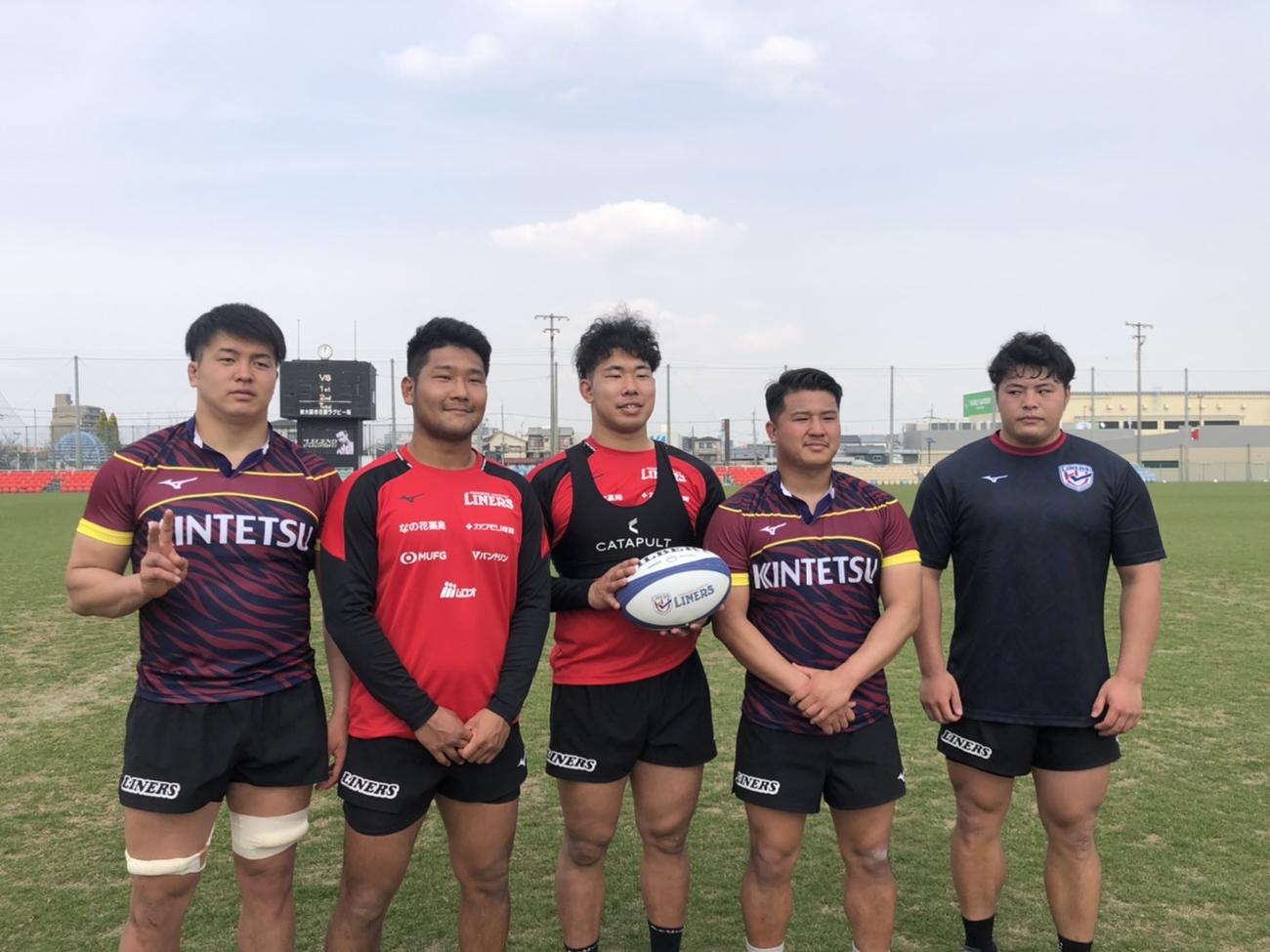 花園近鉄ライナーズに新加入した(左から）梅村柊羽、金沢春樹、井上優士、福井翔、岩上龍