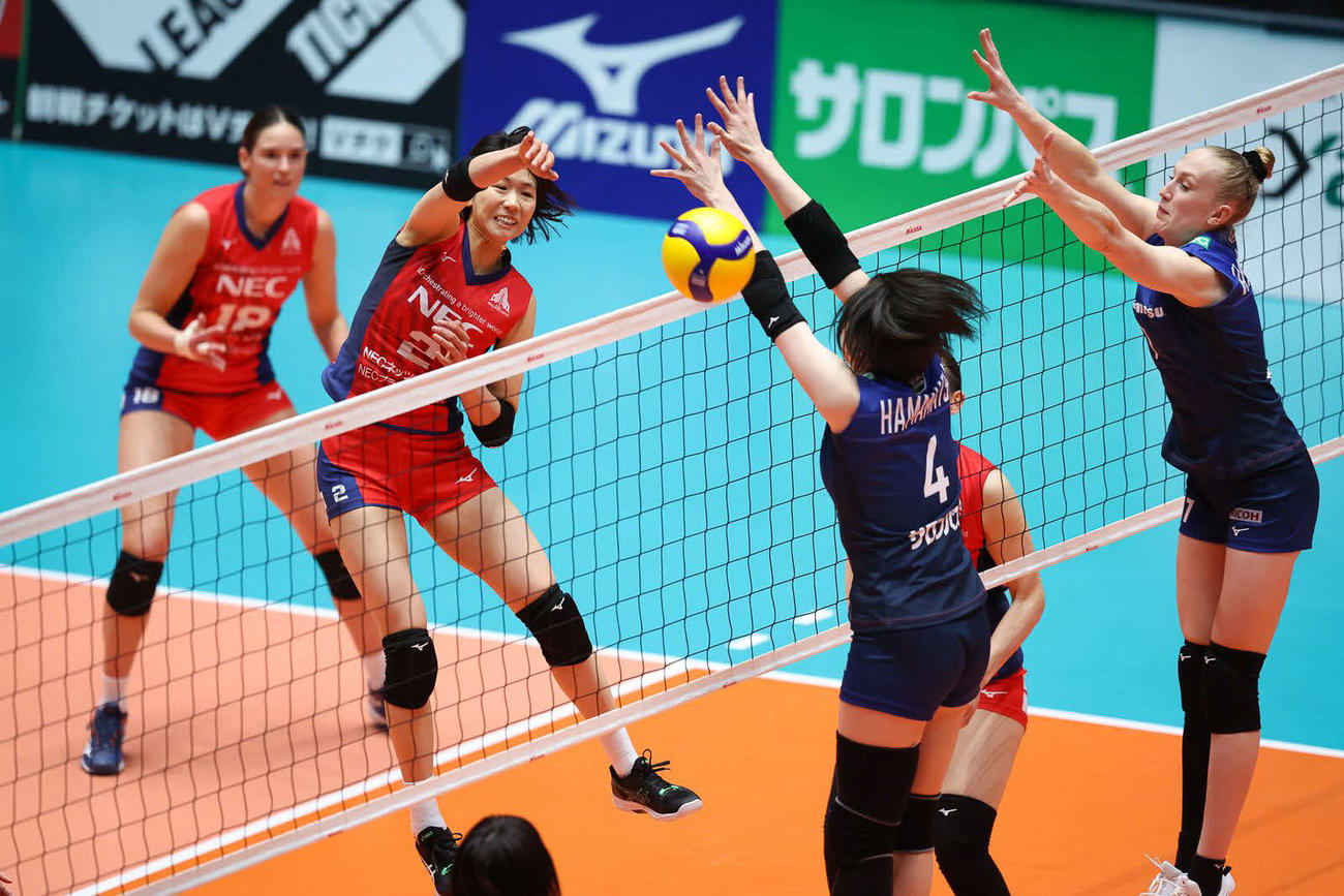 スパイクを決めるNECの古賀（C）Vリーグ