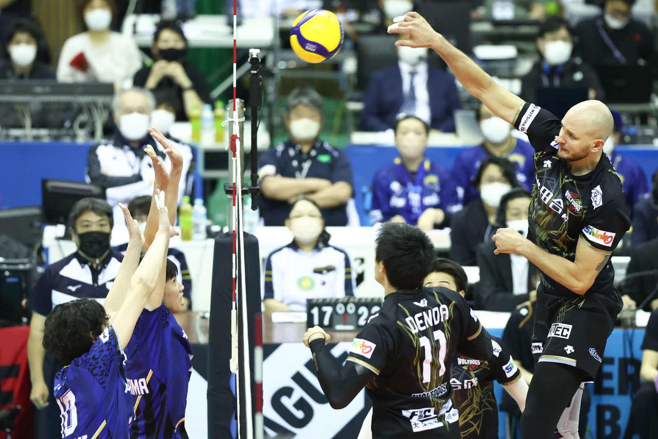 スパイクをうつ名古屋のクレク（C）Vリーグ