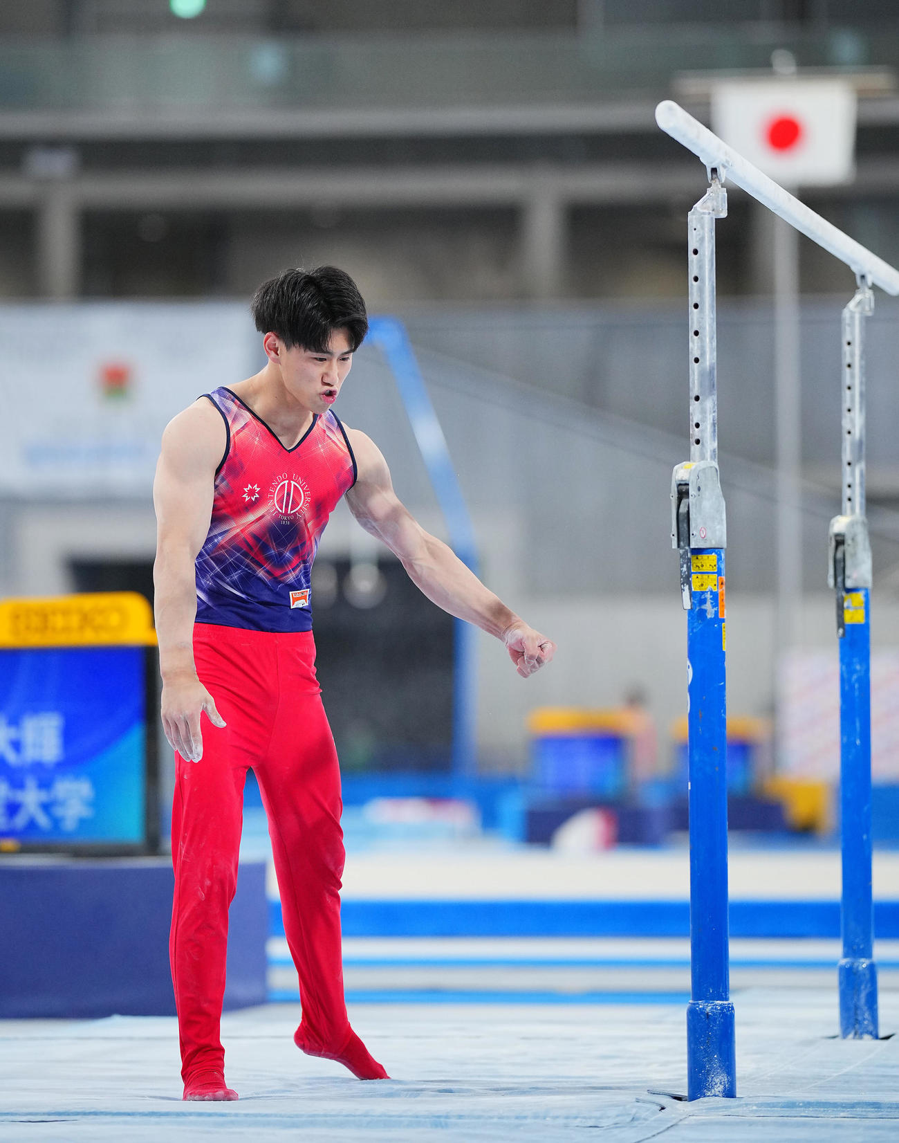 男子決勝、平行棒の演技を終え力強くガッツポーズする橋本（撮影・垰建太）