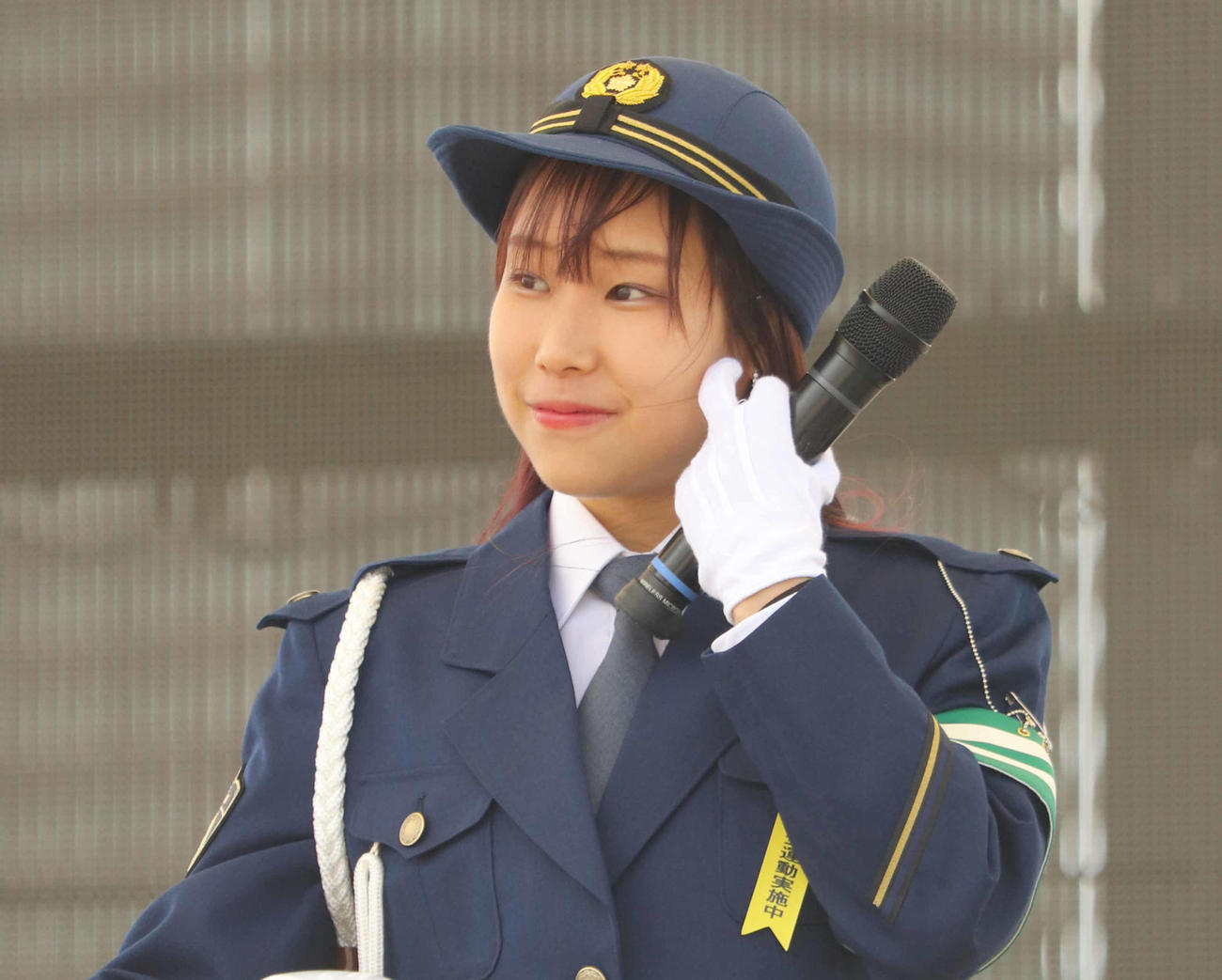 春の全国交通安全運動出発式に参加した三原舞依（撮影・竹本穂乃加）