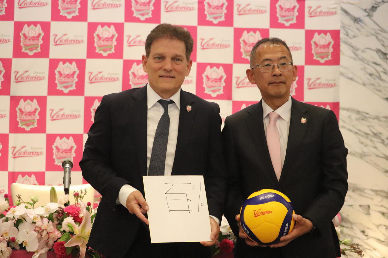 就任会見に出席したアビタル・セリンジャー監督（左）と、上原光徳球団副社長（右）（撮影・竹本穂乃加）