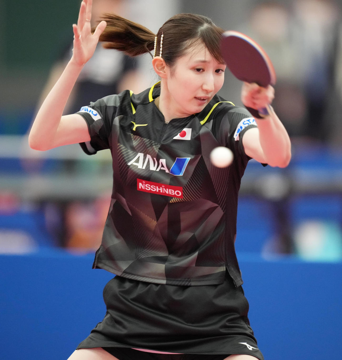 世界卓球ダーバン大会に向けた日本代表の公開練習に臨む早田（撮影・小沢裕）