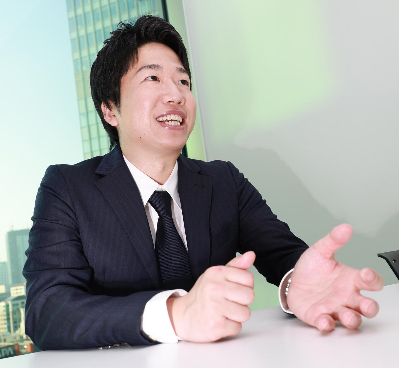 インタビューに応じる世界卓球でアンバサダーを務める水谷隼氏（撮影・中島郁夫）