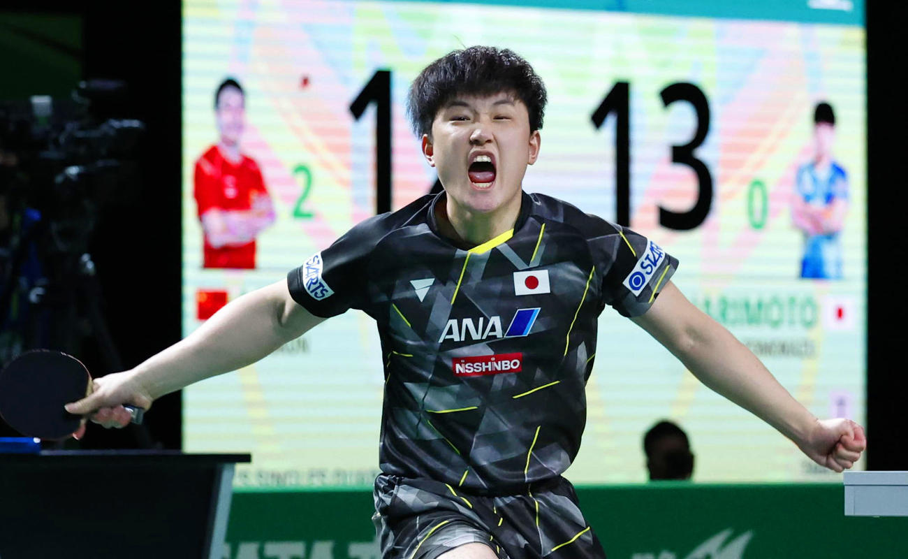 男子シングルス準々決勝　第3ゲームを奪い、雄たけびを上げる張本智和（共同）