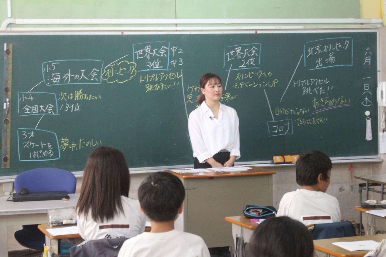 自分の夢が叶うまでを書いた黒板を背にする樋口