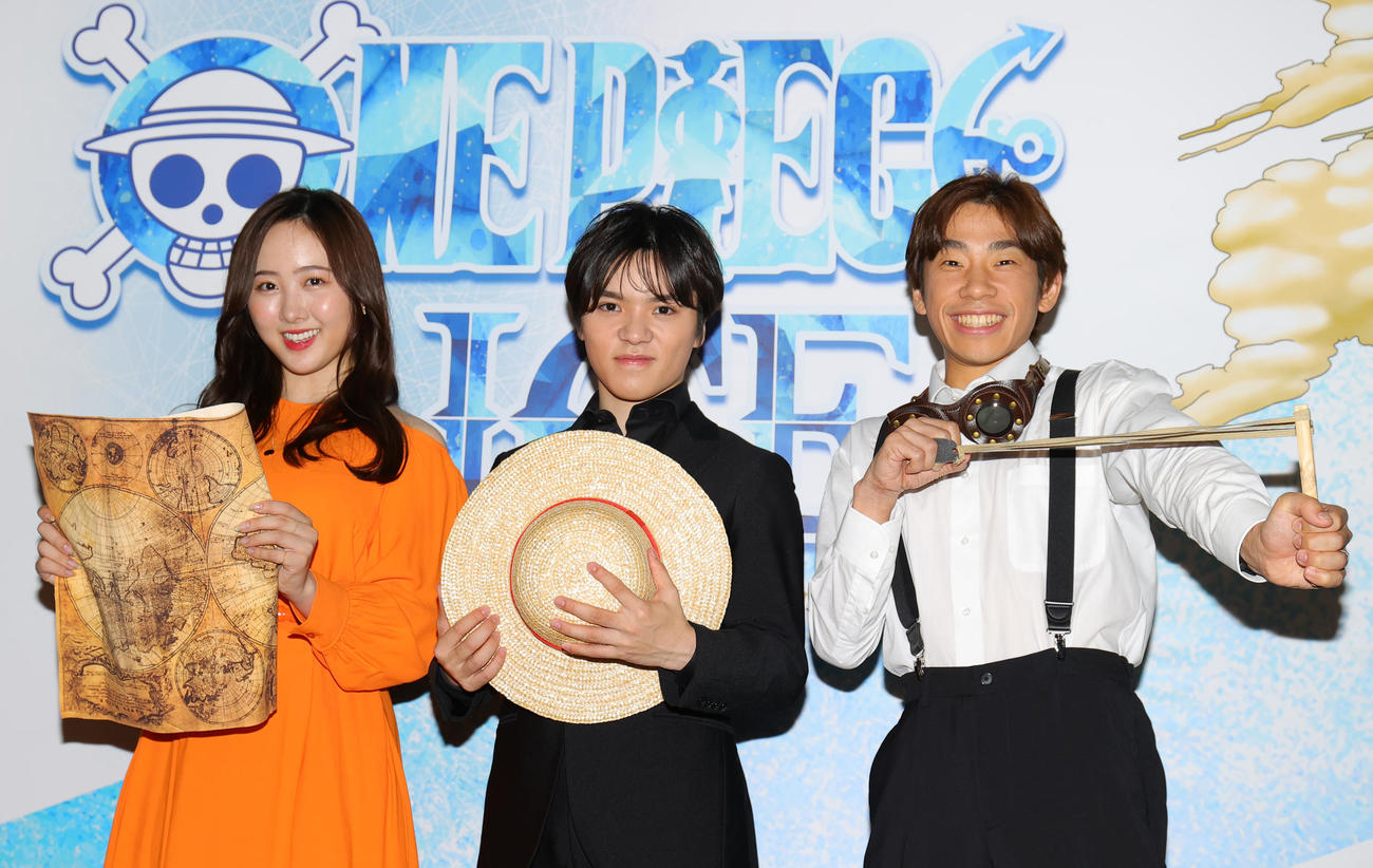 ワンピース・オン・アイスの記者発表を行った左から本田望結、宇野昌磨、織田信成（撮影・野上伸悟）