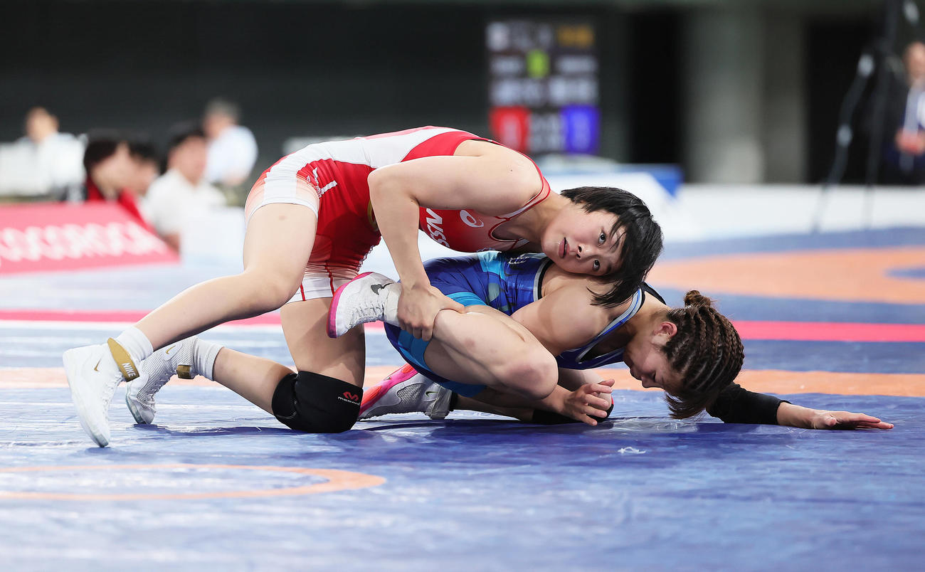 女子53キロ級準々決勝　藤波（左）は志土地を攻める（撮影・足立雅史）